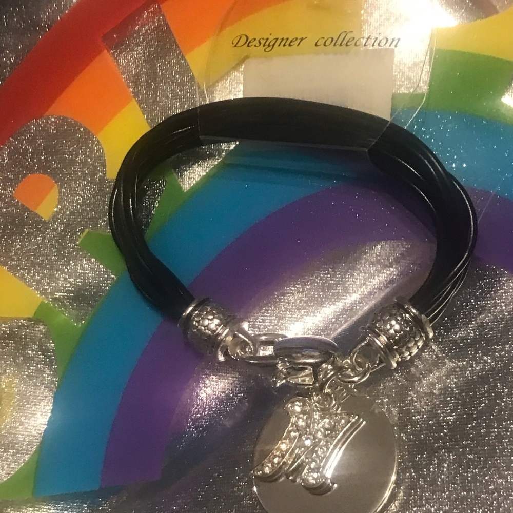 6 Black Strand Crystal Initial “M” Bracelet 7.5